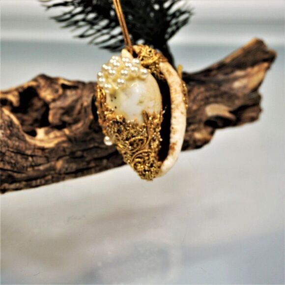 Vintage Christmas Ornament Seashell Beaded Mica Ribbon UNIQUE - Picture 7 of 8